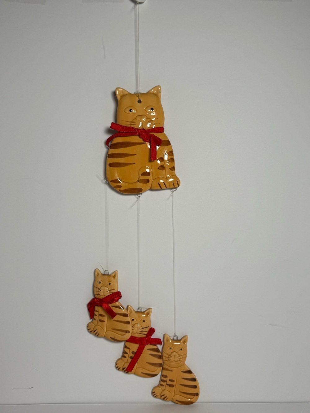 1980s Vintage Cat Family Hand-Painted Ceramic Wind Chime ft.4 Tabby Cats (flaw)